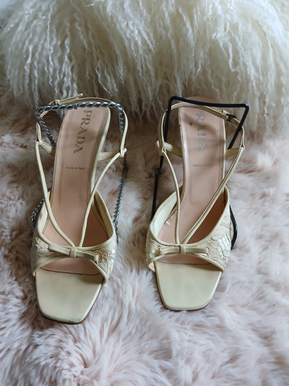 Prada Cream Leather T-Strap Dress Sandals